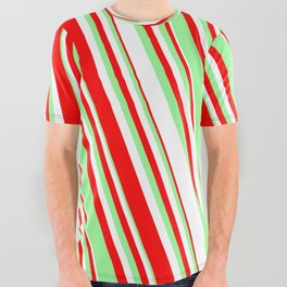 [ Thumbnail: Red, Green & White Colored Striped/Lined Pattern All Over Graphic Tee ]