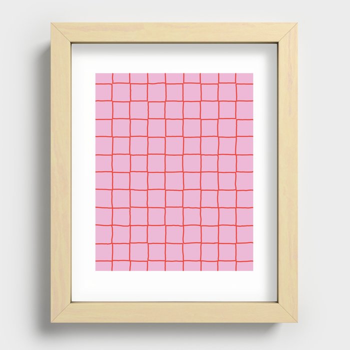 Retro Pink + Red Tiles Checker Plaid Recessed Framed Print