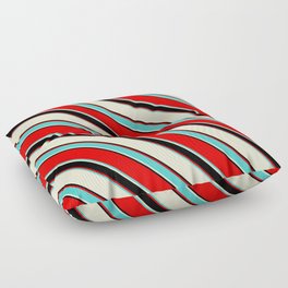 [ Thumbnail: Red, Turquoise, Light Yellow & Black Colored Lined/Striped Pattern Floor Pillow ]