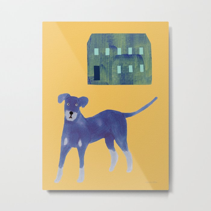 Dog and a House - Blue and Yellow Metal Print
