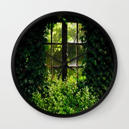 Green idyllic overgrown cottage garden window Wall Clock