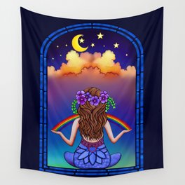 Midnight Window Crescent Moon Meditation - colorful print metaphysical Spiritual art Wall Tapestry
