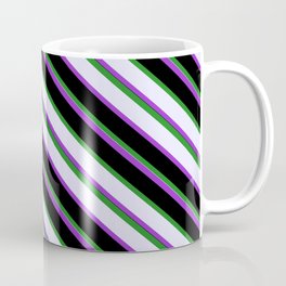 [ Thumbnail: Forest Green, Lavender, Dark Orchid, and Black Colored Striped Pattern Coffee Mug ]