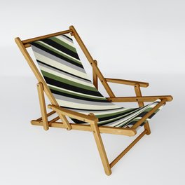 [ Thumbnail: Dark Grey, Beige, Dark Olive Green, and Black Colored Striped/Lined Pattern Sling Chair ]