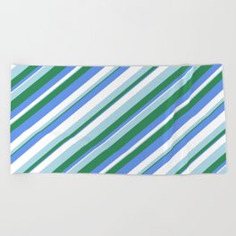 [ Thumbnail: Sea Green, Cornflower Blue, White & Light Blue Colored Striped/Lined Pattern Beach Towel ]