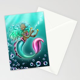 African American Mermaid and Harp Stationery Card