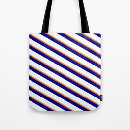 [ Thumbnail: Tan, Red, Blue & Mint Cream Colored Stripes/Lines Pattern Tote Bag ]