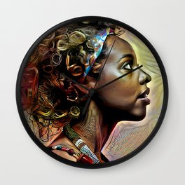 Young black woman with curled hair decorated with a ribbon - photo illustration artwork Wall Clock