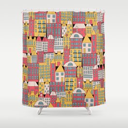vintage illustration of a city building in the form of a color seamless pattern. Houses of different shapes. Urban background pattern. Shower Curtain