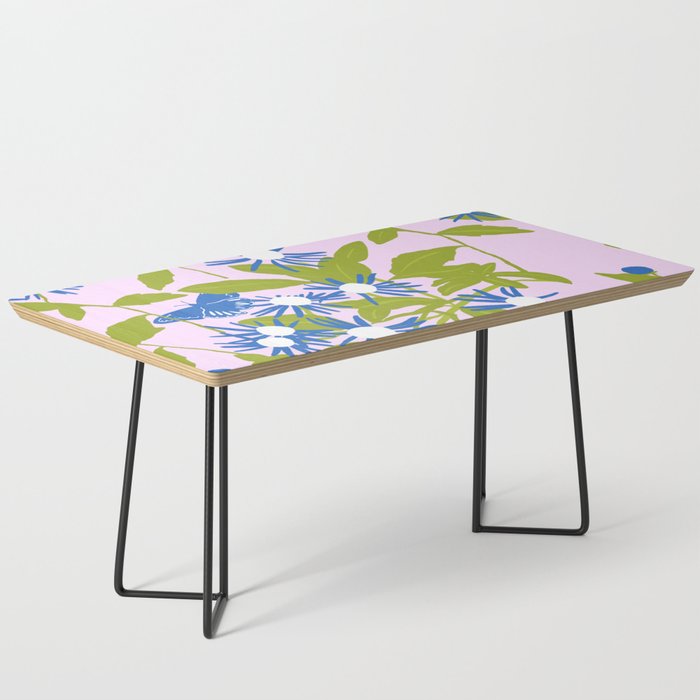 Little Blue Flowers And Butterflies On Pastel Pink Grandmillennial Trend Sweet Summertime Meadow Coffee Table