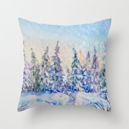 Magical Snowy Fairy Forest Landscape Throw Pillow