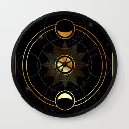 Sun and waxing and waning golden moons in space Wall Clock