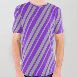[ Thumbnail: Purple & Dark Gray Colored Lined Pattern All Over Graphic Tee ]