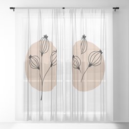 Modern Botanical Flower Pod Minimal Line Art - Earth Tone - Warm Neutral Shades Of Nature Tan Black Sheer Curtain