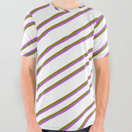 [ Thumbnail: White, Green & Orchid Colored Pattern of Stripes All Over Graphic Tee ]