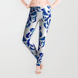 Blue and White Watercolor Damask Leggings