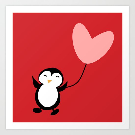 Penguin in love red Art Print