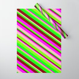[ Thumbnail: Vibrant Fuchsia, Light Pink, Green, Lime, and Maroon Colored Pattern of Stripes Wrapping Paper ]