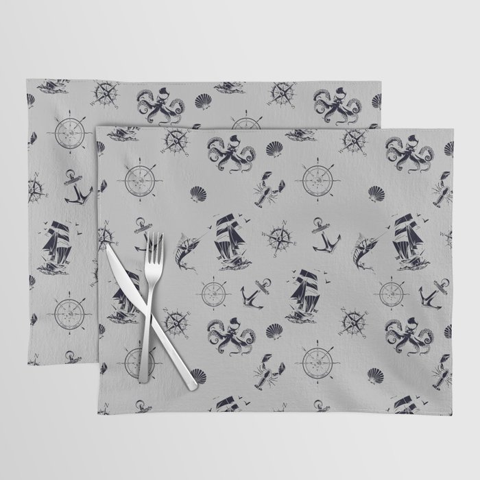 Light Grey And Blue Silhouettes Of Vintage Nautical Pattern Placemat