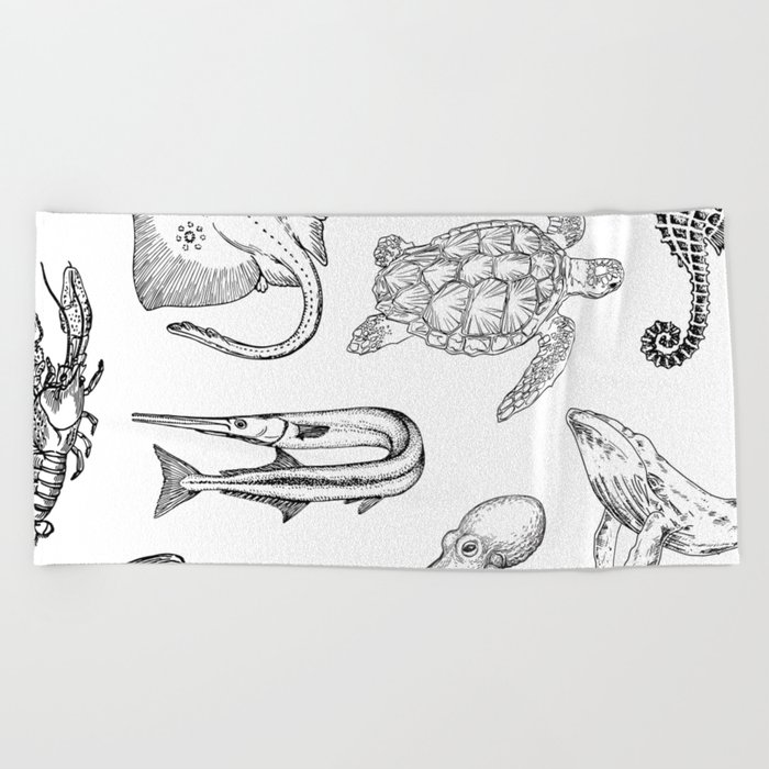 Marine Life Black and White Pattern Aquatic Beach Towel