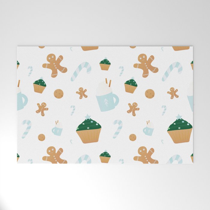 Christmas Atributes - Gingerman, Cupcakes, Christmas Treee and Cups, Winter Holidays Seamless Pattern Welcome Mat