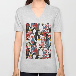 Merry penguins // black white grey dark teal yellow and coral type species of penguins red dressed for winter and Christmas season (King, African, Emperor, Gentoo, Galápagos, Macaroni, Adèlie, Rockhopper, Yellow-eyed, Chinstrap) V Neck T Shirt