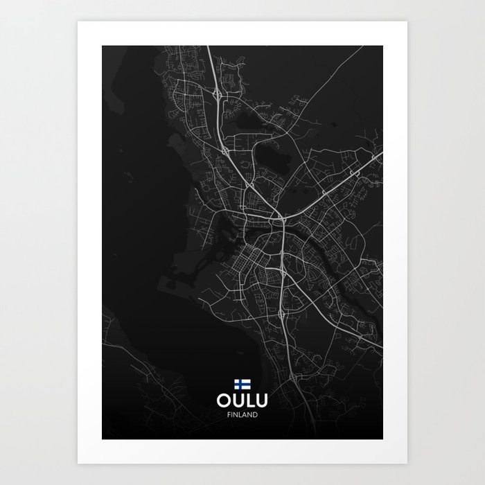 Oulu, Finland - Dark City Map Art Print