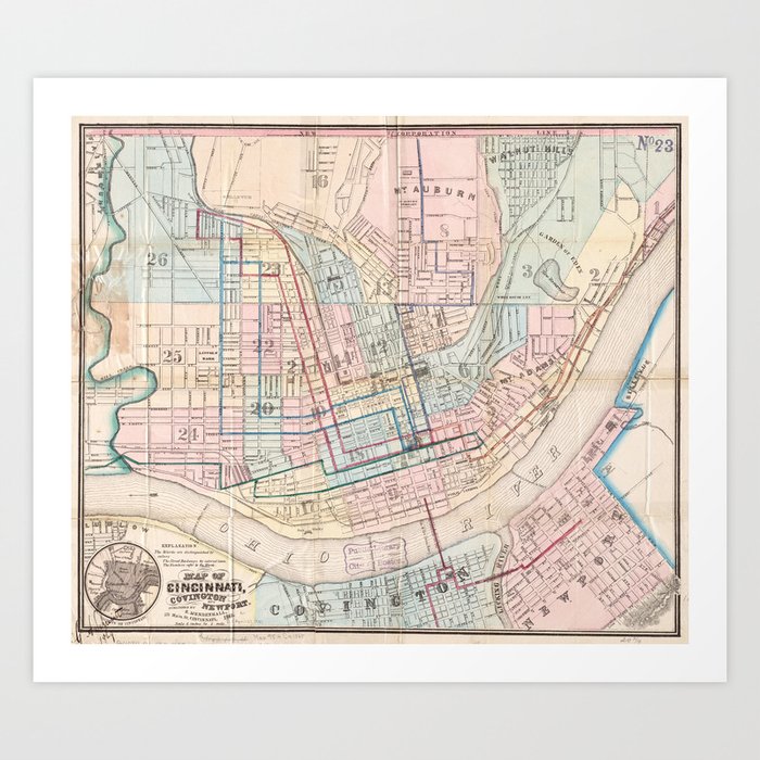 Vintage Map Of Cincinnati Oh 1868 Art Print By Bravuramedia Society6