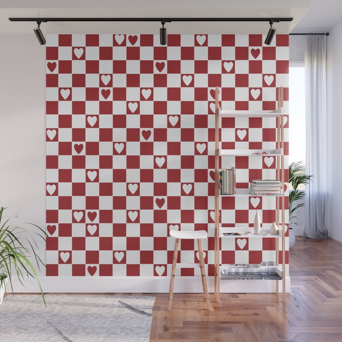 Checkered hearts red and white Wall Mural