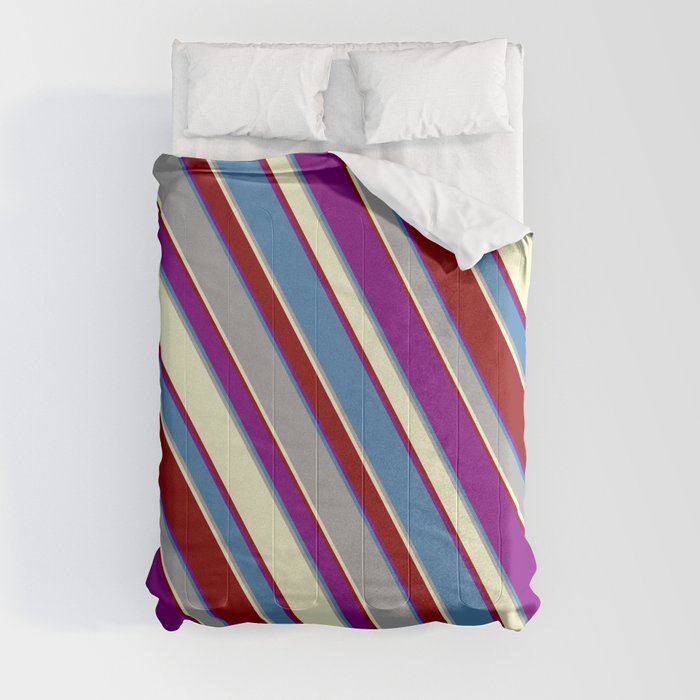 Colorful Purple, Blue, Dark Grey, Light Yellow, and Dark Red Colored Striped/Lined Pattern Comforter