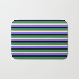[ Thumbnail: Sea Green, Beige, Medium Slate Blue & Black Colored Lined Pattern Bath Mat ]