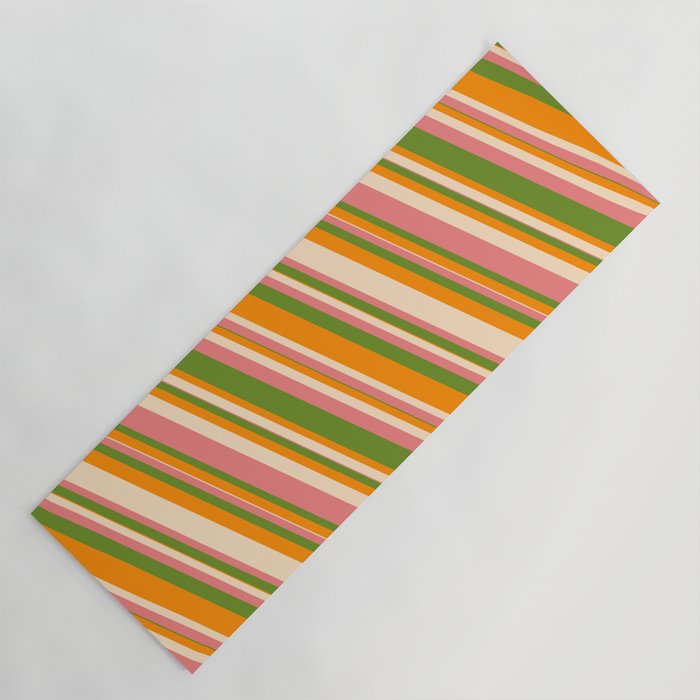 Green, Dark Orange, Bisque, and Light Coral Colored Lines Pattern Yoga Mat