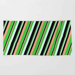 [ Thumbnail: Light Salmon, Lime Green, Light Cyan, and Black Colored Lines/Stripes Pattern Beach Towel ]