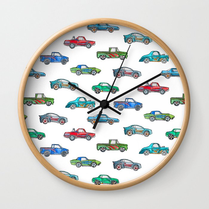 Little Toy Cars in Watercolor on White Wall Clock