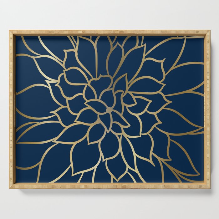 Floral Prints, Line Art, Navy Blue and Gold Serving Tray