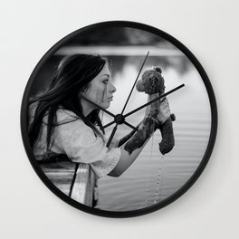 School daze; girl pulling childhood teddy bear out of lake breakup relationship female black and white photograph - photography - photographs Wall Clock