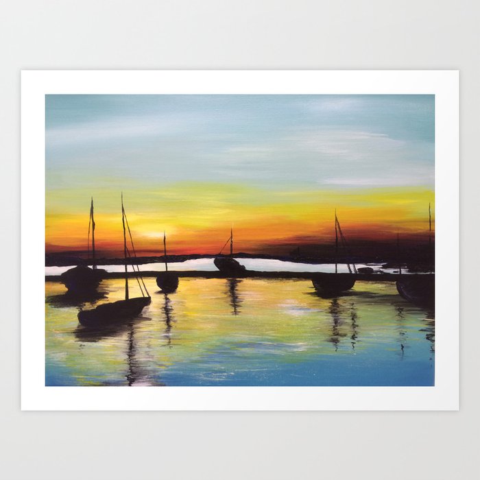 Harbour Art Print | Painting, Acrylic, Surrealism, Impressionism, Expressionism, Harbour, Boats, Sunset, Landscape