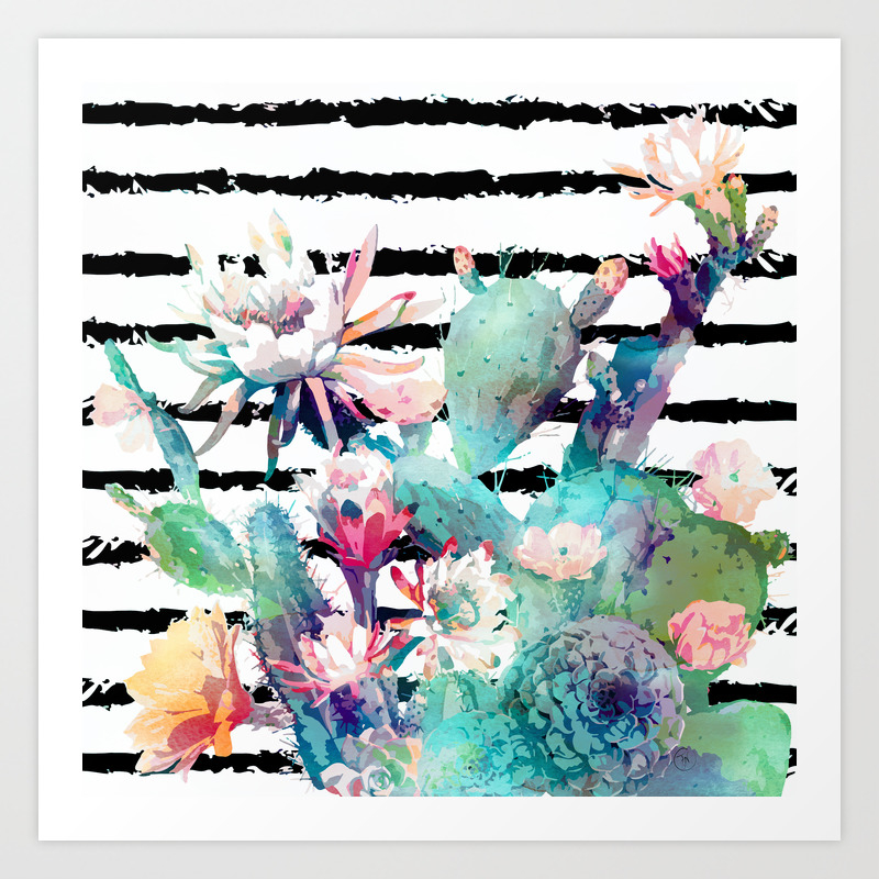 Pretty watercolor cactus floral and stripes design Art Print by inovarts |  Society6