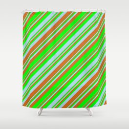 [ Thumbnail: Chocolate, Lime & Light Blue Colored Lined/Striped Pattern Shower Curtain ]