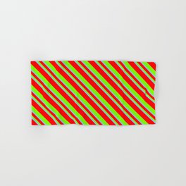[ Thumbnail: Sky Blue, Red, and Green Colored Stripes Pattern Hand & Bath Towel ]