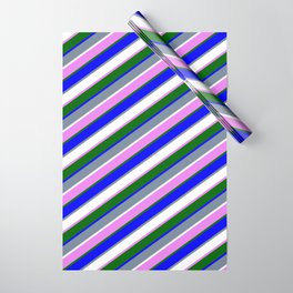 [ Thumbnail: Light Slate Gray, White, Violet, Dark Green & Blue Colored Stripes Pattern Wrapping Paper ]