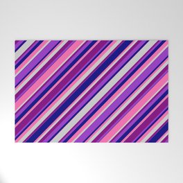 [ Thumbnail: Eye-catching Purple, Dark Orchid, Blue, Hot Pink & Light Grey Colored Lined Pattern Welcome Mat ]