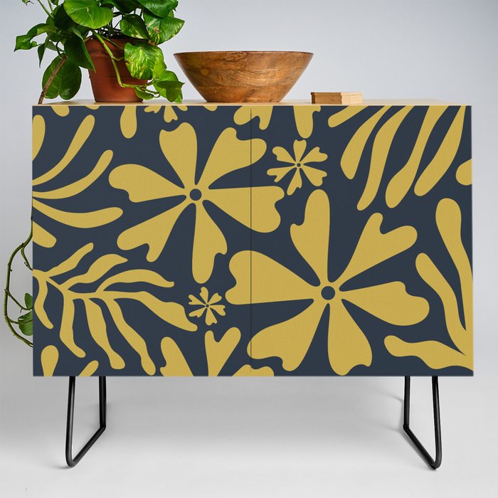 Groovy Flowers and Leaves in Mustard Yellow and Navy Blue Credenza