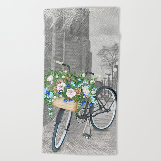 Black bike & street sketch Beach Towel