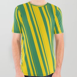 [ Thumbnail: Yellow and Sea Green Colored Striped Pattern All Over Graphic Tee ]