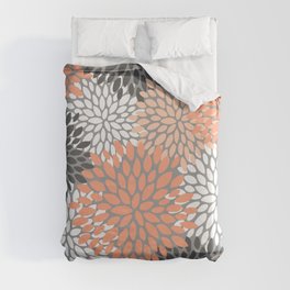 Floral Pattern, Coral, Gray, White Duvet Cover