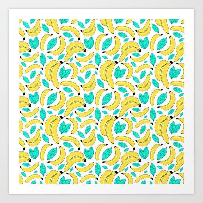 Colorful juicy bananas with leaves Art Print