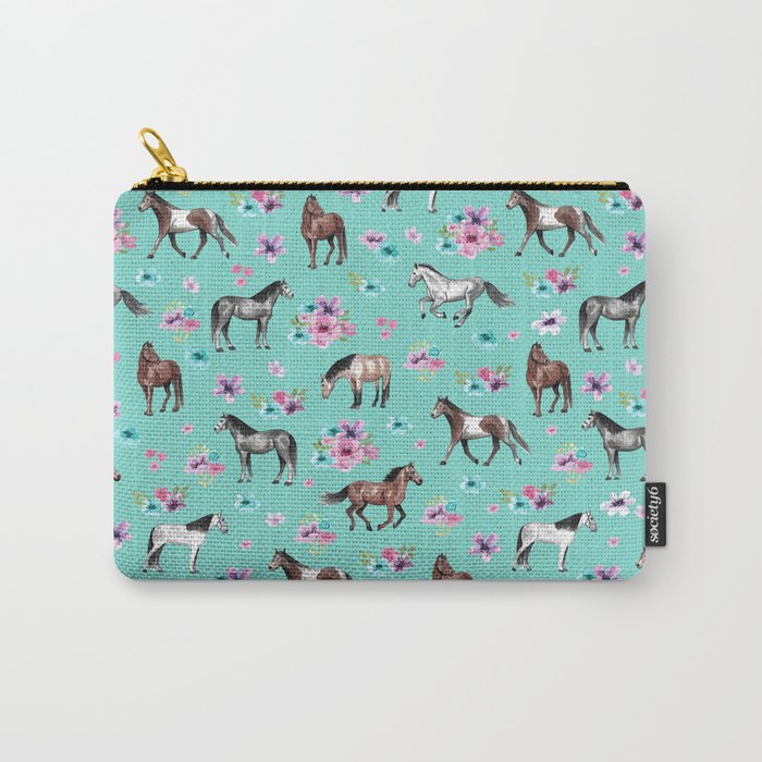 Hand Drawn Horses, Horse Art, Flower Horses, Floral Pattern, Aqua Blue Carry-All Pouch