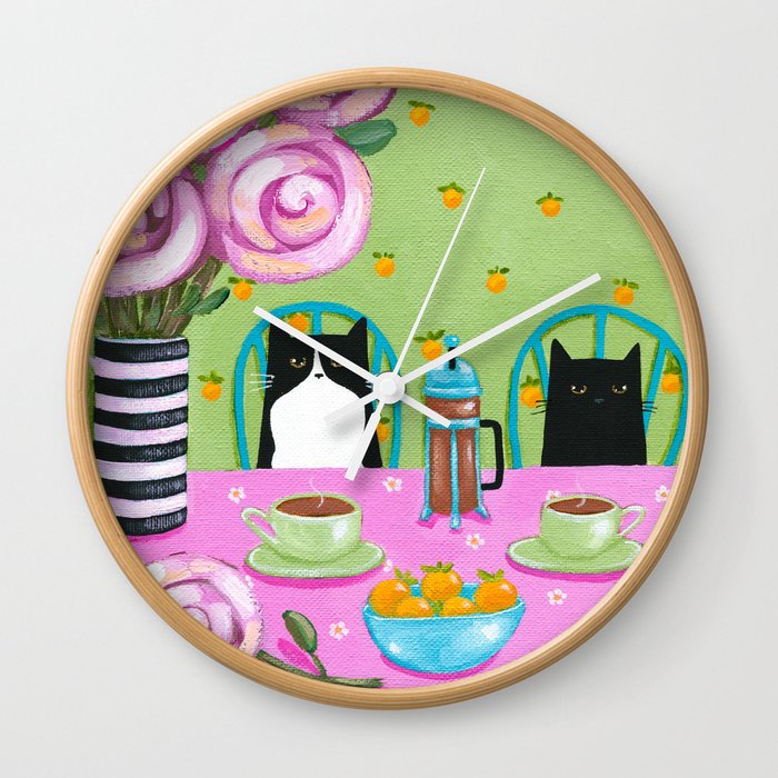 French Press Coffee Cats Wall Clock