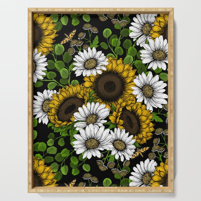 Sunflowers and daisies, summer garden 2 Serving Tray